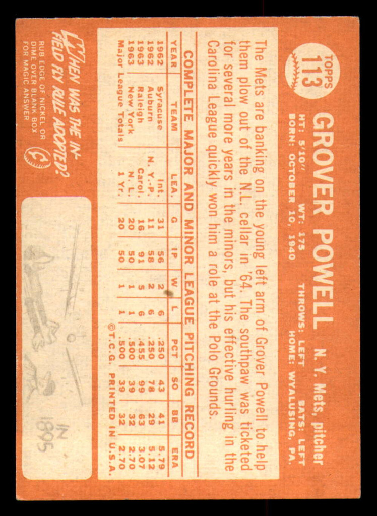 1964 Topps #113 Grover Powell Excellent+ RC Rookie Mets    ID:323185