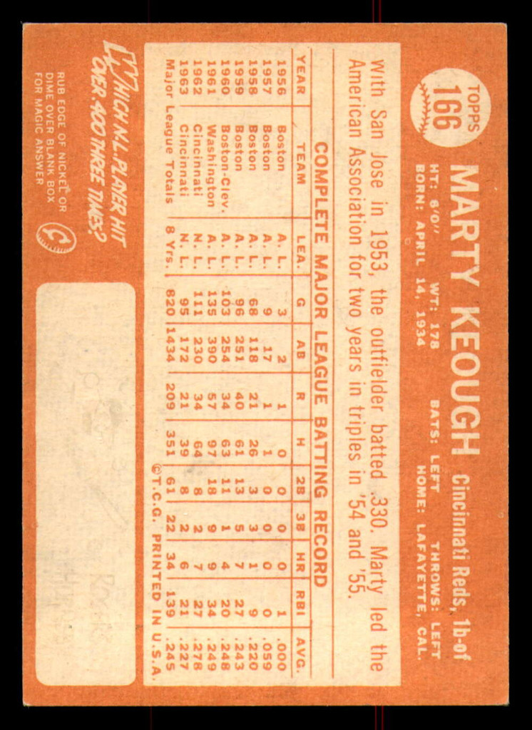 1964 Topps #166 Marty Keough Excellent+ Reds    ID:323335