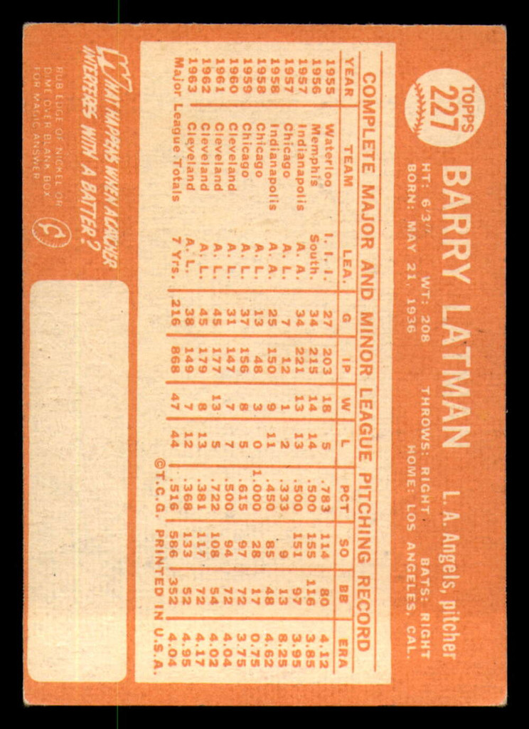 1964 Topps #227 Barry Latman Excellent+ Angels   ID:323517