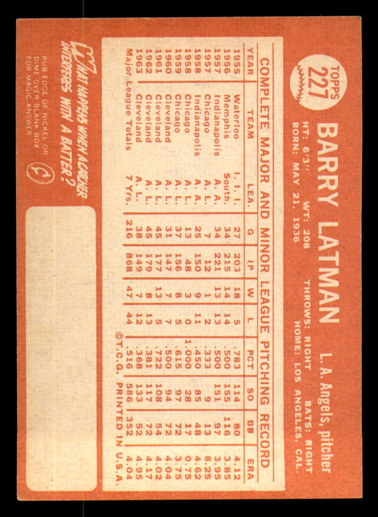 1964 Topps #227 Barry Latman Ex-Mint Angels   ID:323518