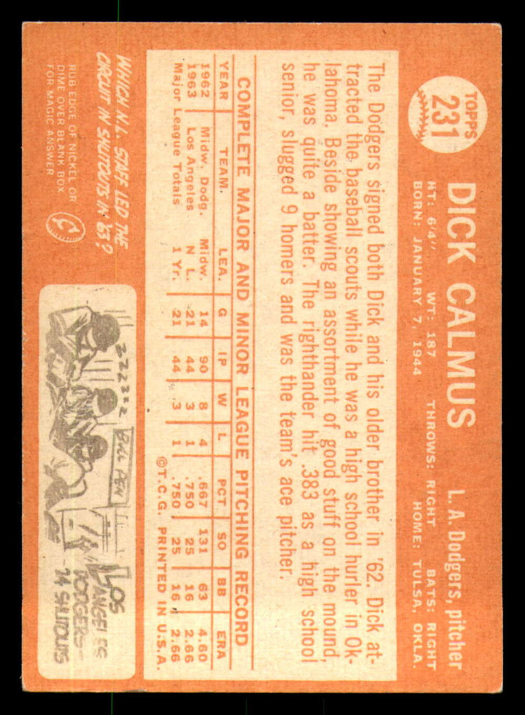1964 Topps #231 Dick Calmus VG-EX RC Rookie Dodgers   ID:323527