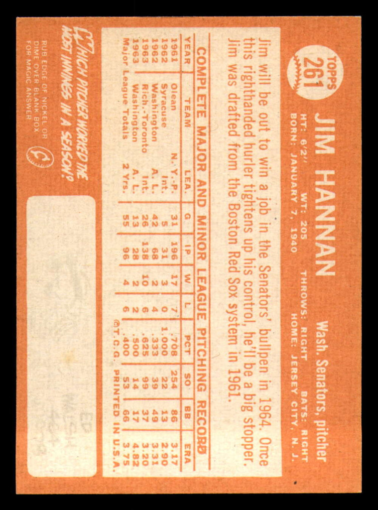 1964 Topps #261 Jim Hannan Ex-Mint Senators   ID:323606