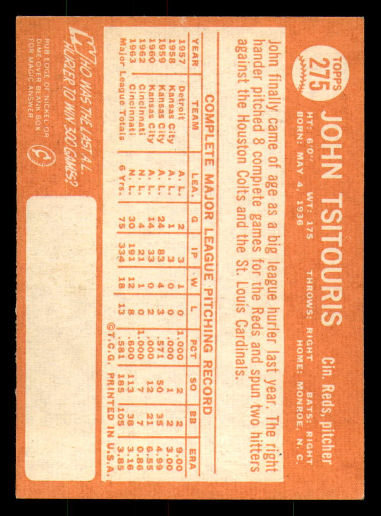 1964 Topps #275 John Tsitouris Ex-Mint Reds   ID:323646