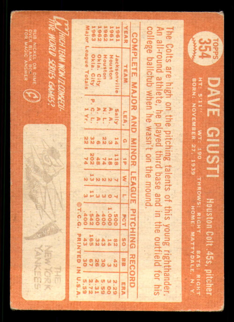 1964 Topps #354 Dave Giusti Very Good   ID:323863