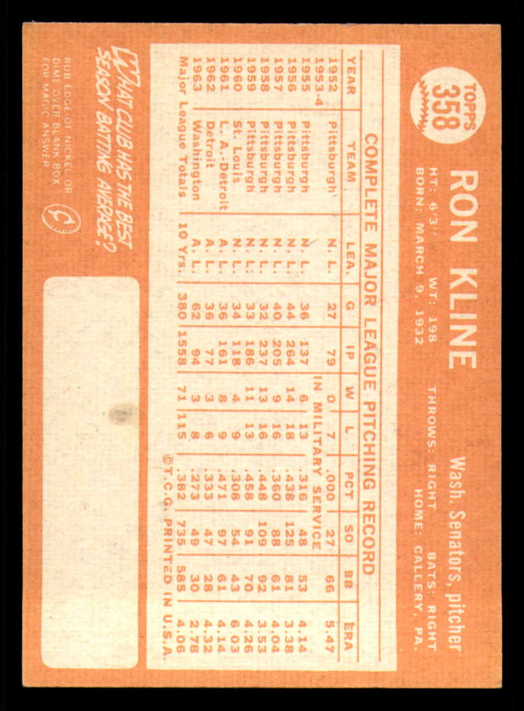 1964 Topps #358 Ron Kline Ex-Mint Senators   ID:323875