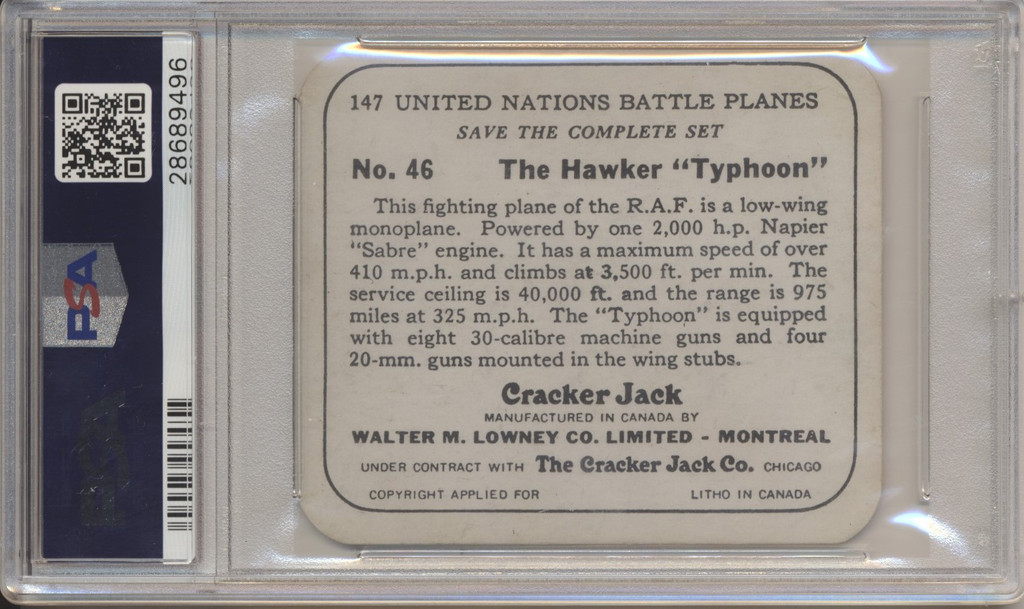 1940's V407 Cracker Jacks #46 The Hawker Typhoon U.N. Battles Planes PSA 5 EX  #*