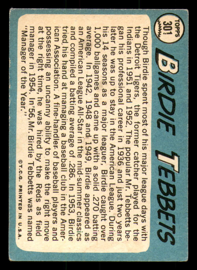 1965 Topps #301 Birdie Tebbetts MG VG-EX  ID: 325266