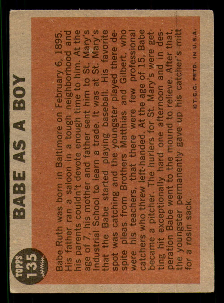 1962 Topps #135 Babe Ruth As A Boy Very Good  ID: 325869