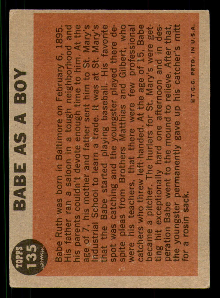 1962 Topps #135 Babe Ruth As A Boy VG-EX  ID: 325870