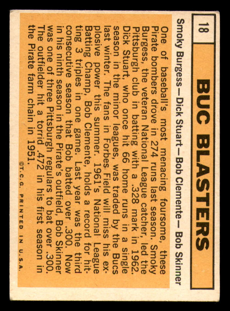 1963 Topps # 18 Smoky Burgess/Dick Stuart/Roberto Clemente/Bob Skinner Buc Blasters Excellent+  ID: 326152