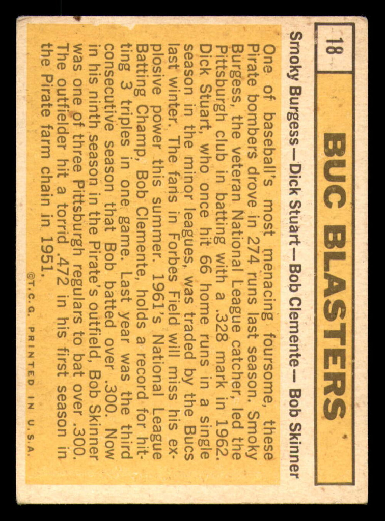 1963 Topps # 18 Smoky Burgess/Dick Stuart/Roberto Clemente/Bob Skinner Buc Blasters VG-EX  ID: 326153