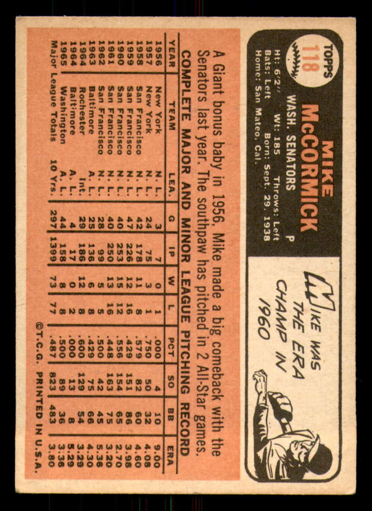 1966 Topps #118 Mike McCormick Excellent+  ID: 326844