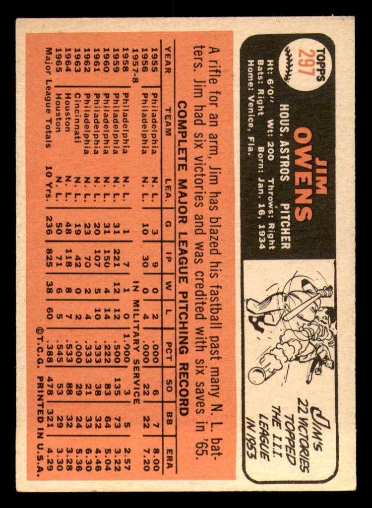 1966 Topps #297 Jim Owens Excellent+  ID: 327352
