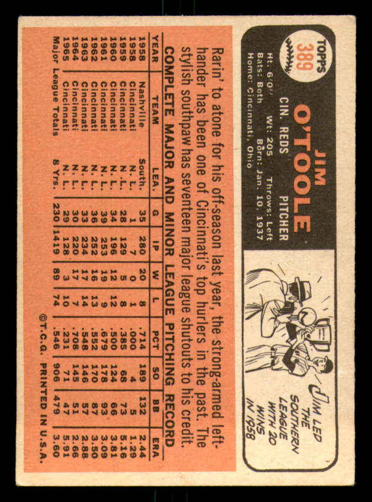 1966 Topps #389 Jim O'Toole Excellent 