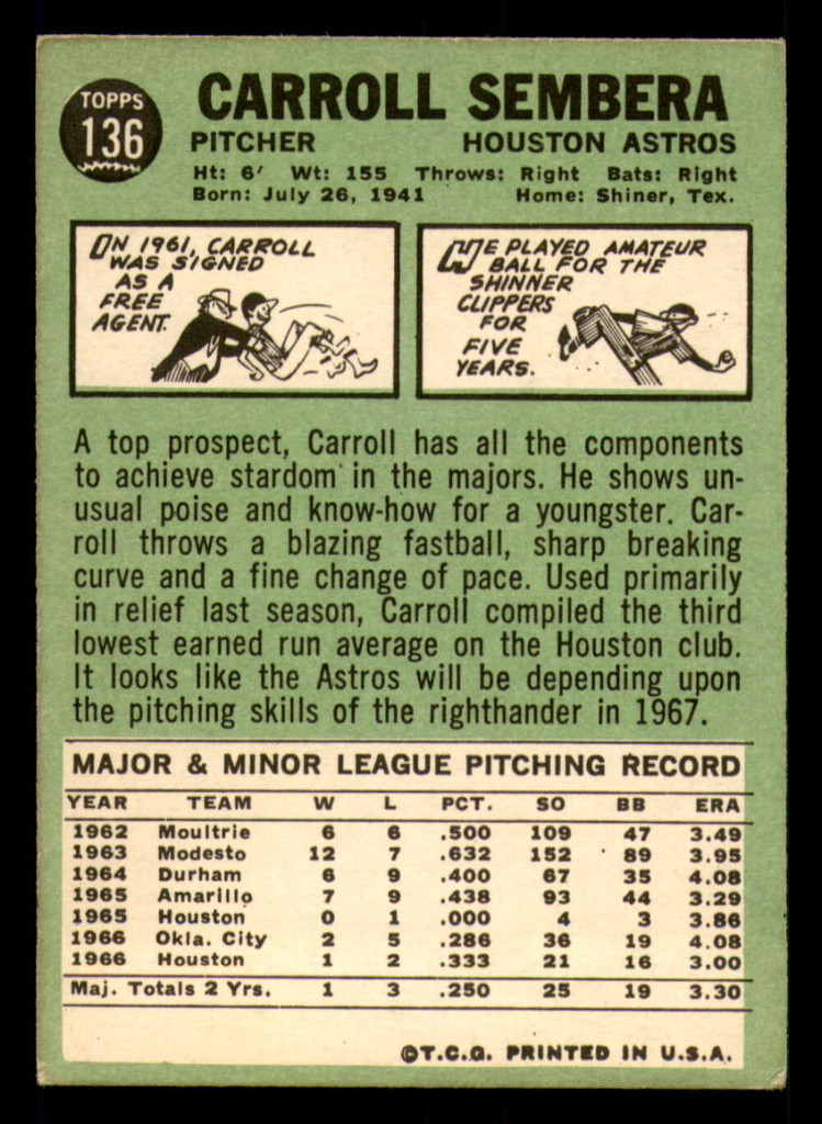 1967 Topps #136 Carroll Sembera Excellent 