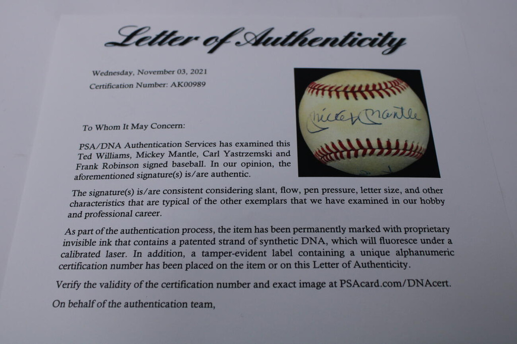 Mickey Mantle Ted Williams Yastrzemski Robinson Triple Crown Signed Baseball PSA/DNA ID: 328549