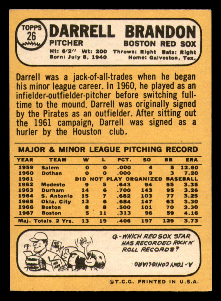 1968 Topps # 26 Darrell Brandon Excellent+  ID: 329855