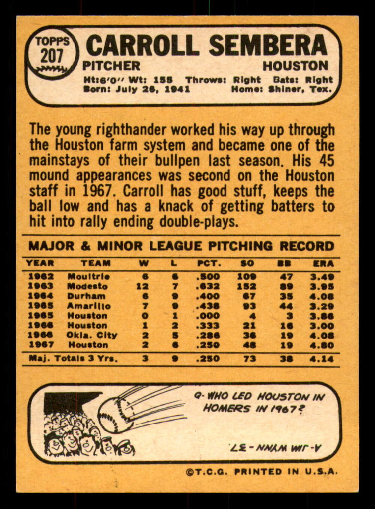 1968 Topps #207 Carroll Sembera Ex-Mint  ID: 330351