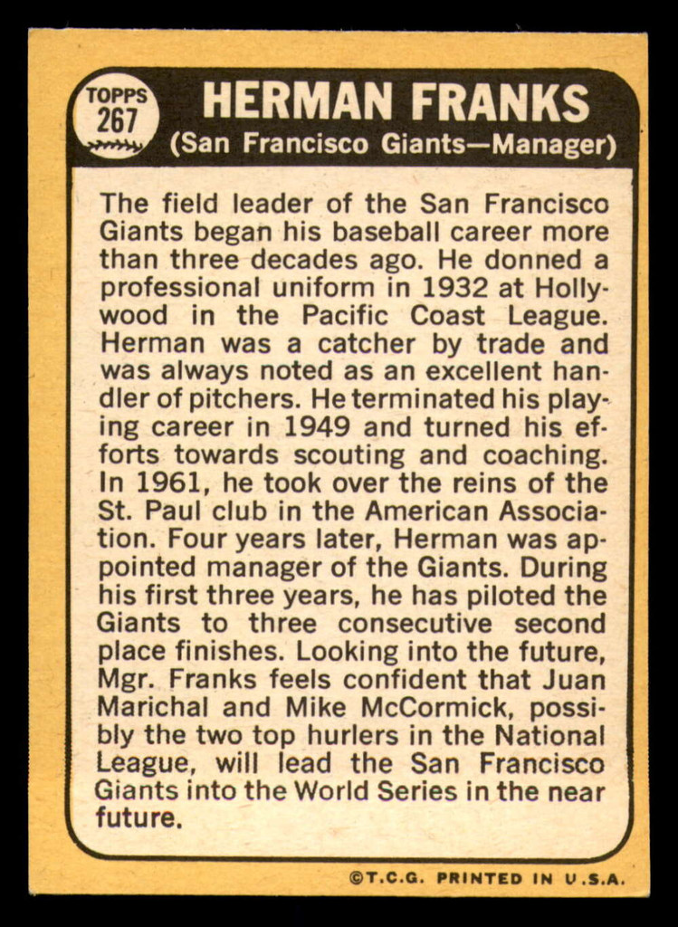 1968 Topps #267 Herman Franks MG Ex-Mint  ID: 330515