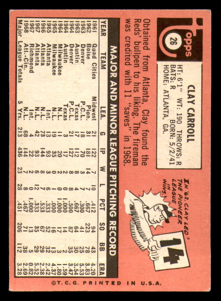 1969 Topps # 26 Clay Carroll Excellent+  ID: 331374