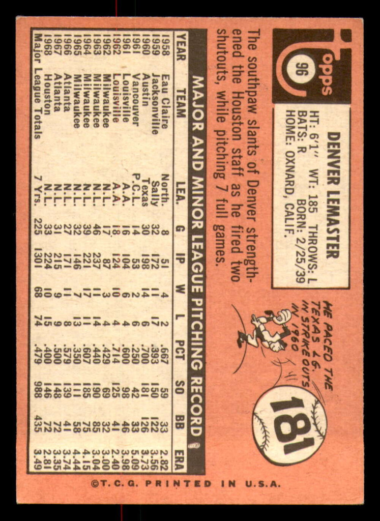 1969 Topps # 96 Denny LeMaster Excellent+  ID: 331579