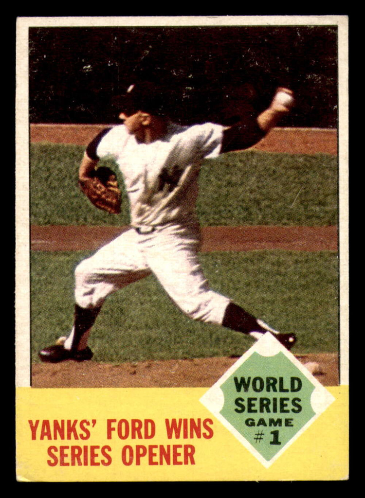 1963 Topps #142 World Series Game 1 Yanks' Ford Wins Series Opener Excellent+  ID: 333372