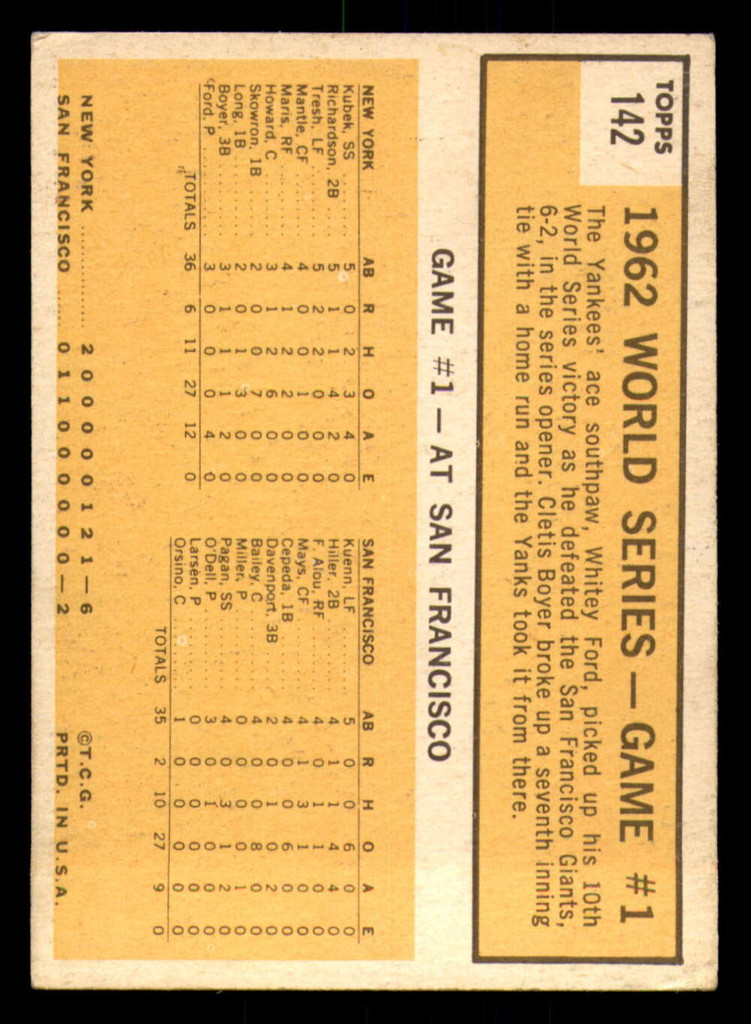 1963 Topps #142 World Series Game 1 Yanks' Ford Wins Series Opener Excellent+  ID: 333372