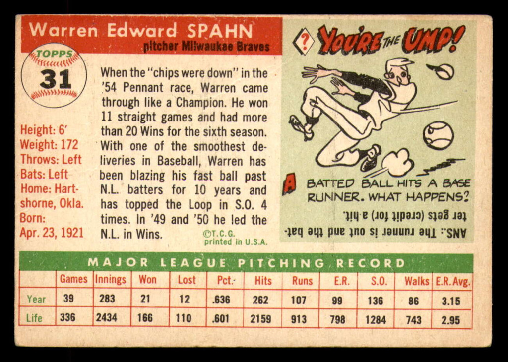 1955 Topps #31 Warren Spahn G-VG 