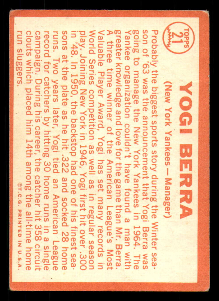 1964 Topps # 21 Yogi Berra MG Very Good  ID: 334734