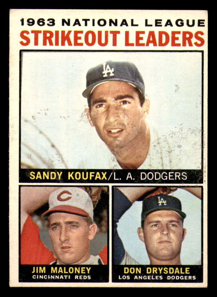 1964 Topps #   5 Sandy Koufax/Jim Maloney/Don Drysdale NL Strikeout Leaders Excellent+ 