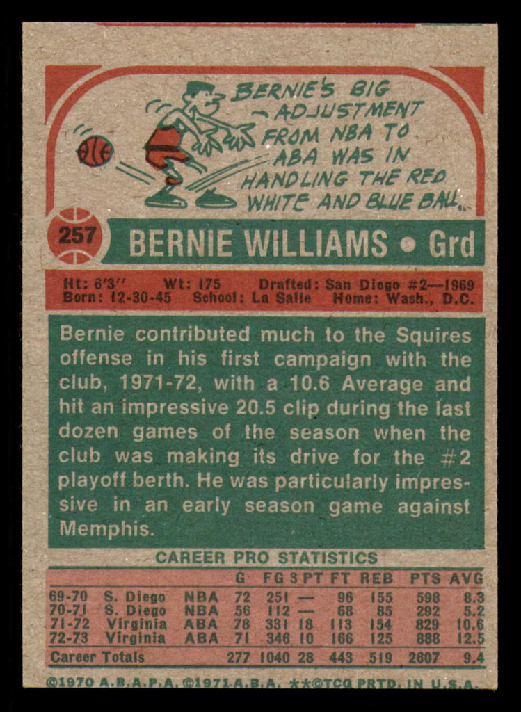 1973-74 Topps #257 Bernie Williams Miscut   ID:335340