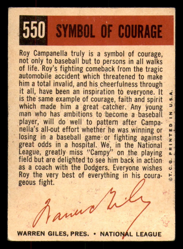 1959 Topps #550 Roy Campanella Symbol of Courage Very Good  ID: 337594