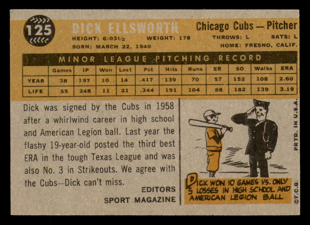 1960 Topps #125 Dick Ellsworth RS Near Mint RC Rookie 