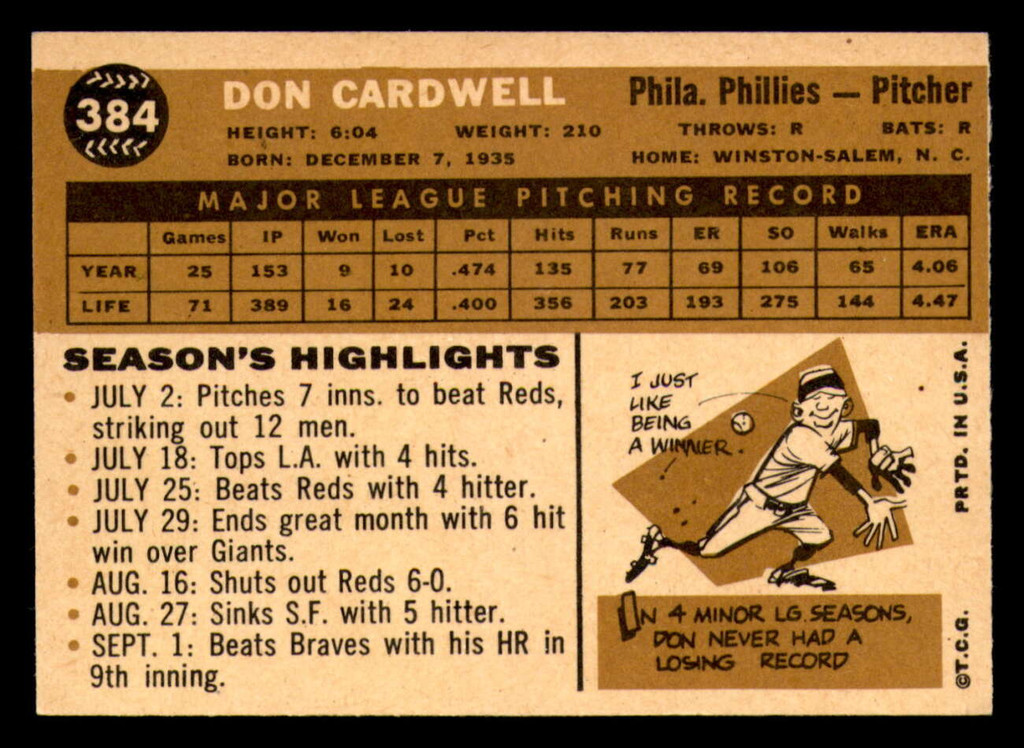 1960 Topps #384 Don Cardwell Ex-Mint  ID: 338024