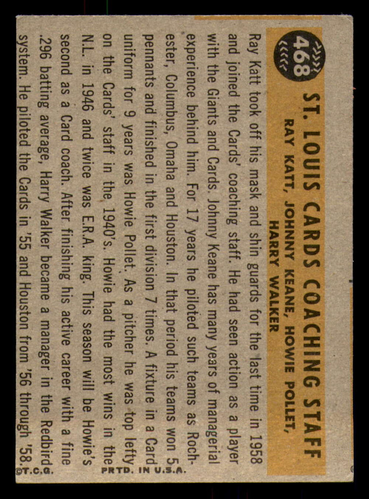 1960 Topps #468 Cardinals Coaches Miscut Cardinals   ID:338292