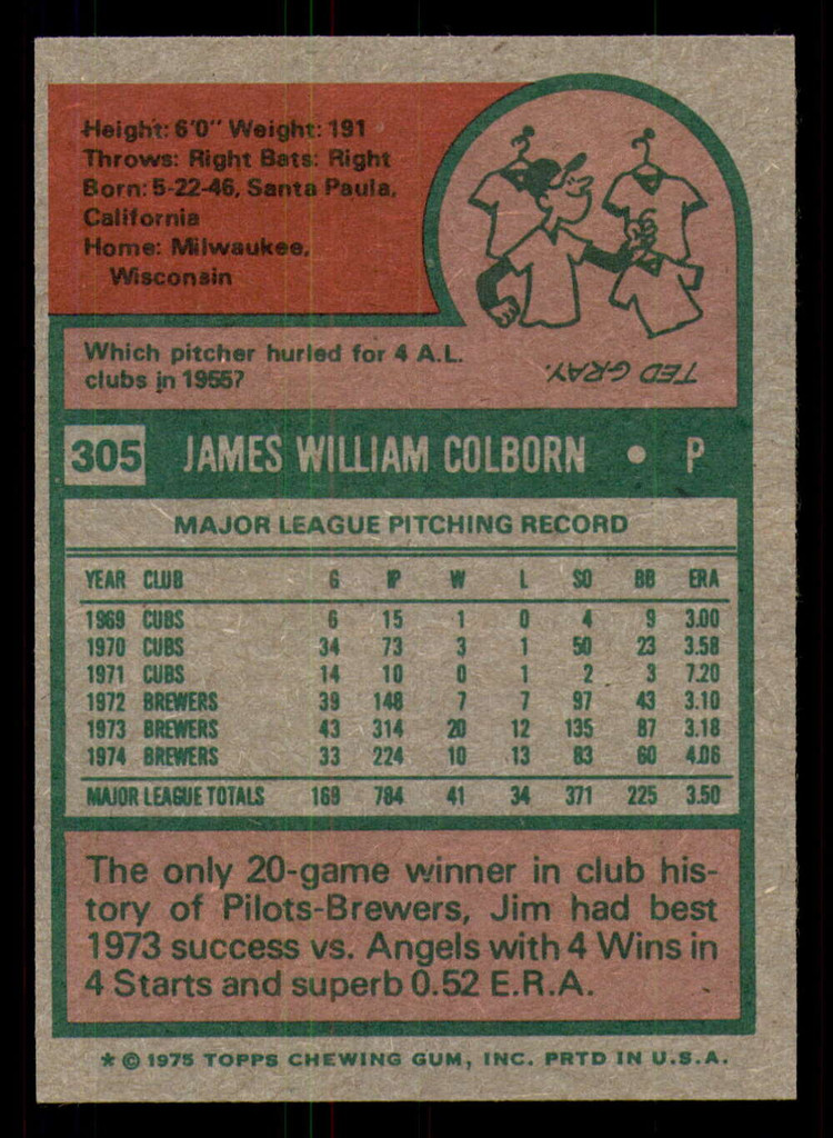 1975 Topps #305 Jim Colborn Ex-Mint  ID: 341218