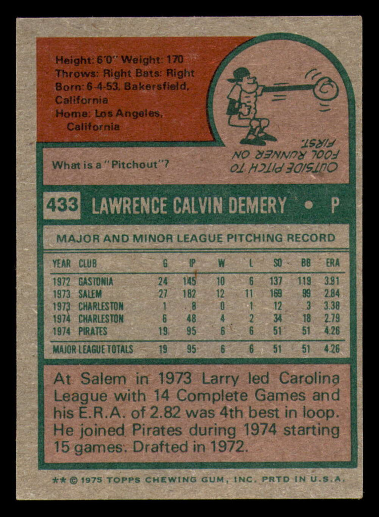 1975 Topps #433 Larry Demery Ex-Mint RC Rookie  ID: 341577