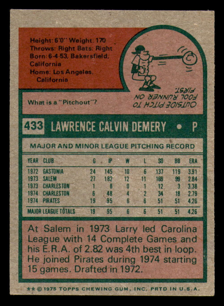 1975 Topps #433 Larry Demery Ex-Mint RC Rookie  ID: 341578