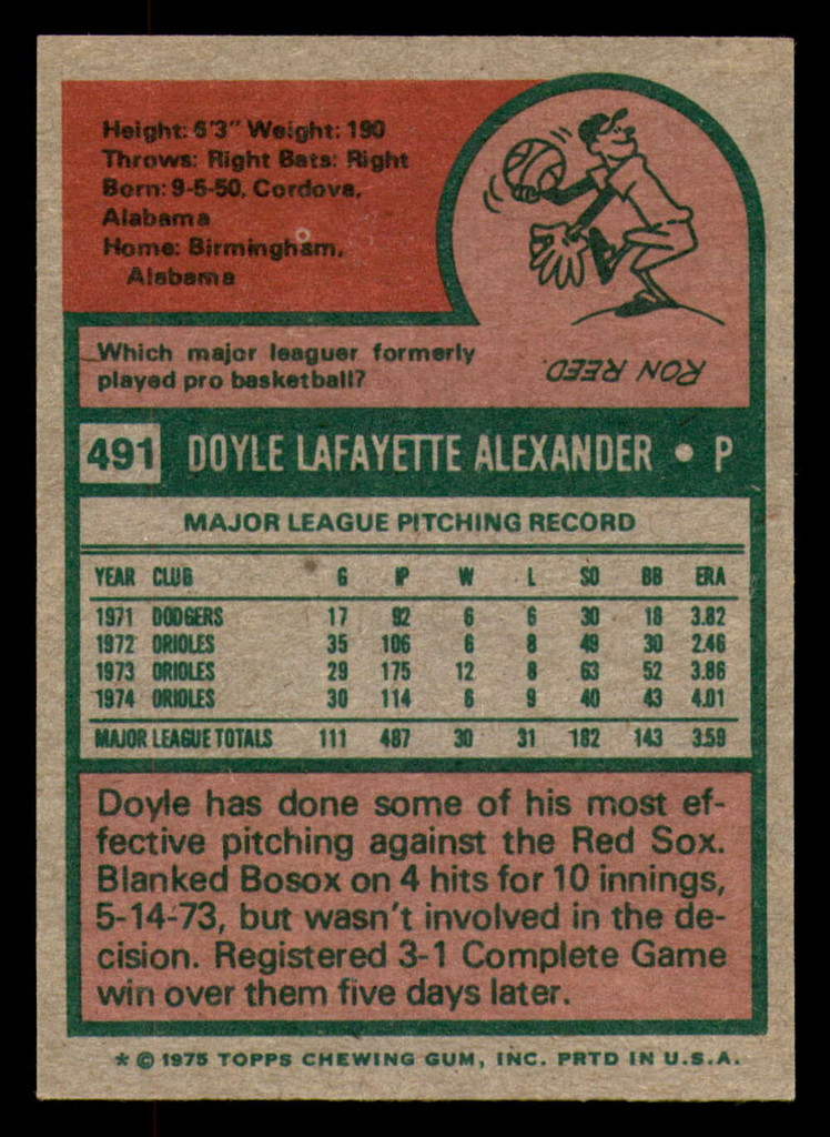 1975 Topps #491 Doyle Alexander Ex-Mint  ID: 341737