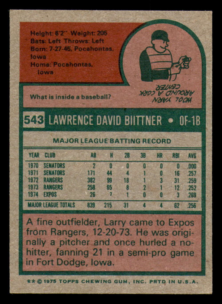 1975 Topps #543 Larry Biittner Ex-Mint  ID: 341831