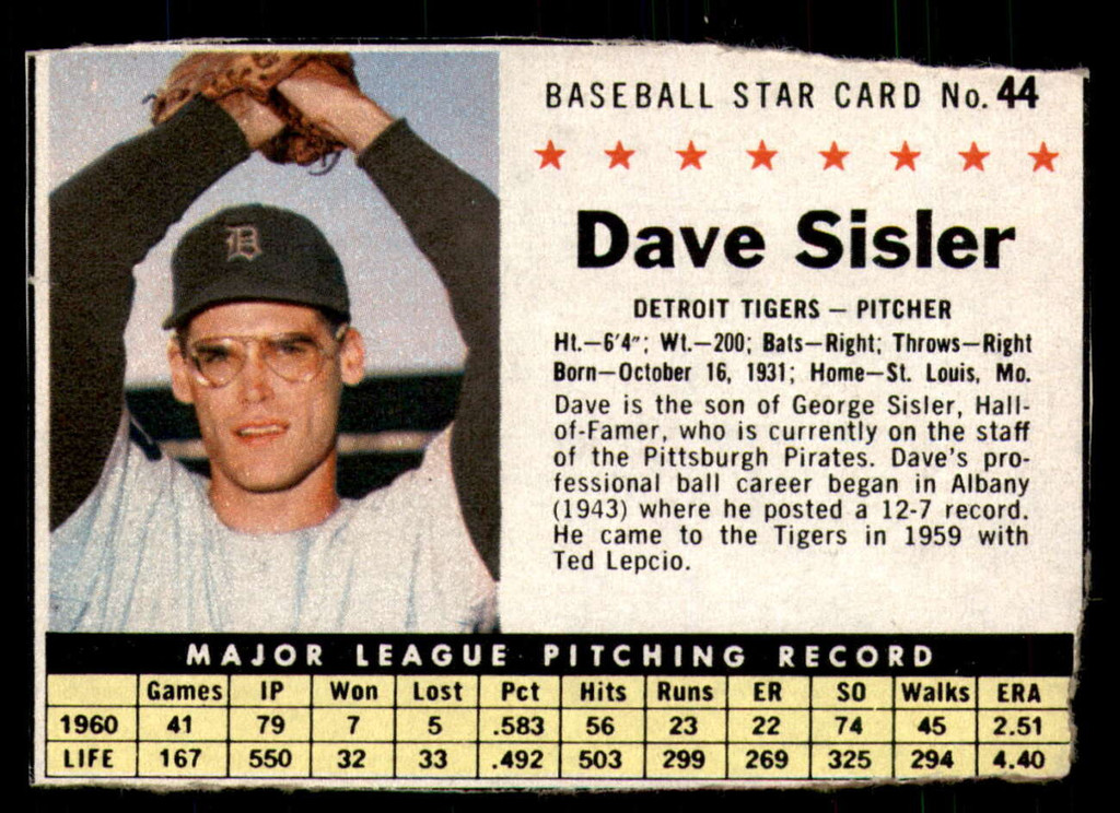 1961 Post Cereal #44 Dave Sisler Very Good  ID: 342341