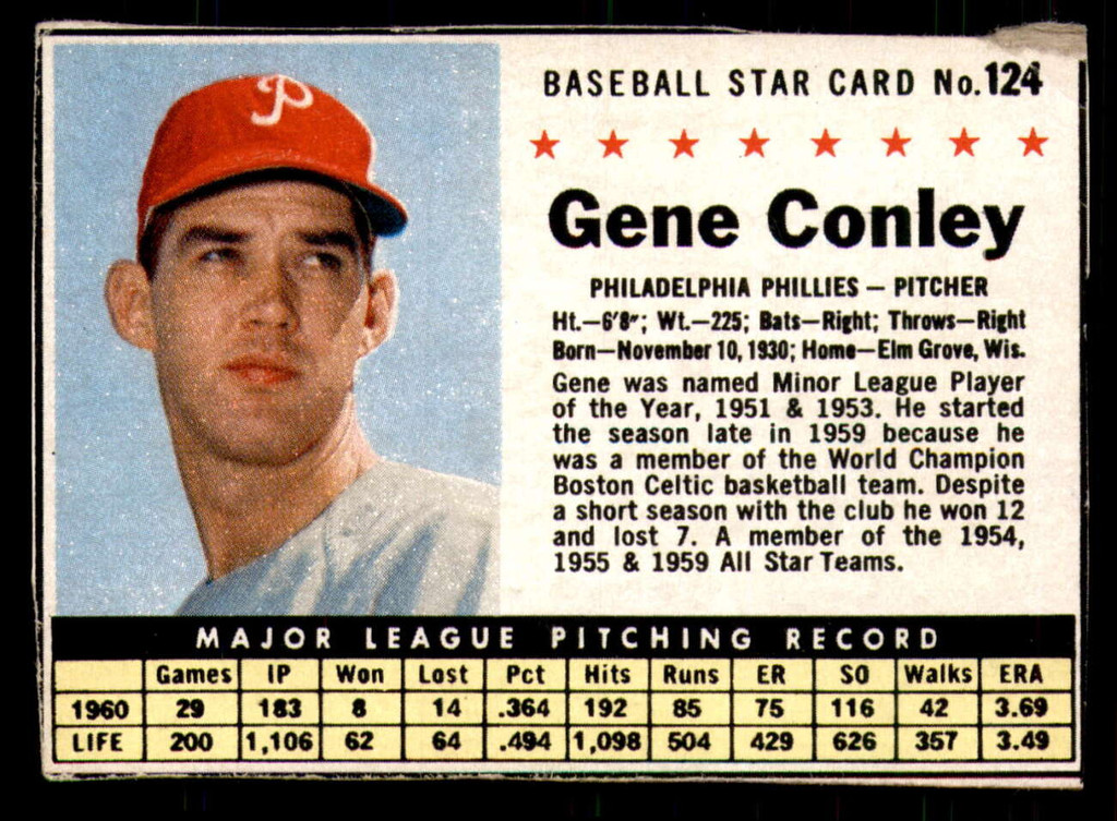 1961 Post Cereal #124 Gene Conley Excellent+  ID: 342419