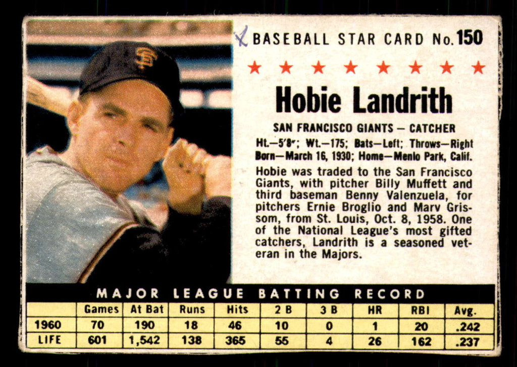 1961 Post Cereal #150 Hobie Landrith Excellent  ID: 342438