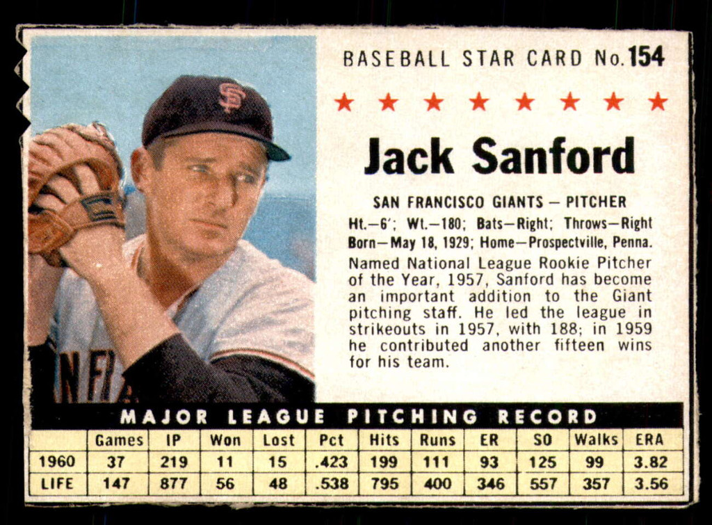 1961 Post Cereal #154 Jack Sanford Excellent  ID: 342445