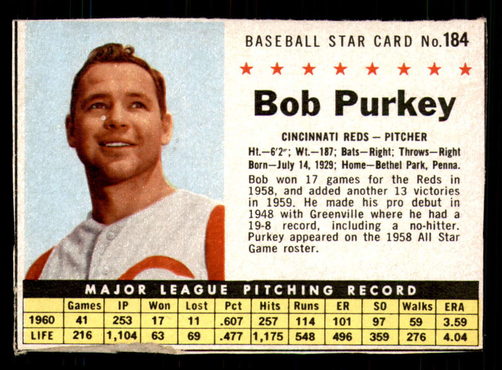 1961 Post Cereal #184 Bob Purkey Excellent  ID: 342474