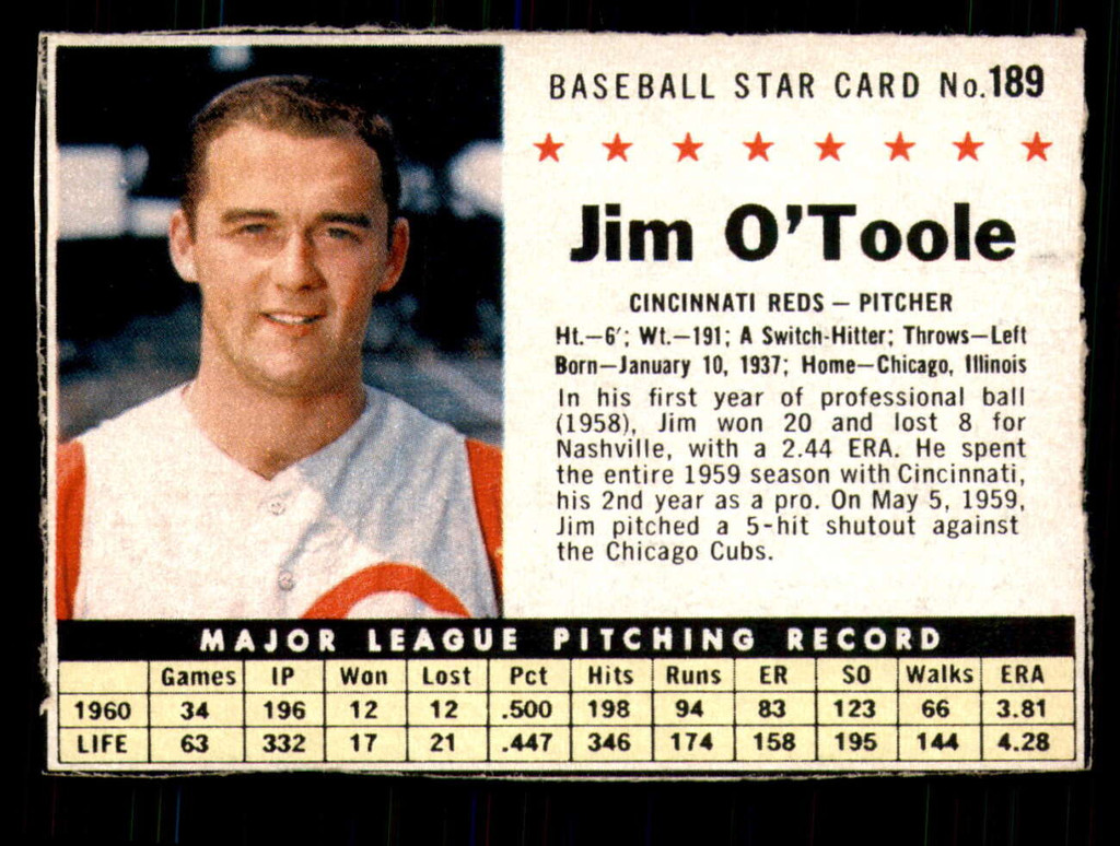 1961 Post Cereal #189 Jim O'Toole Excellent  ID: 342477