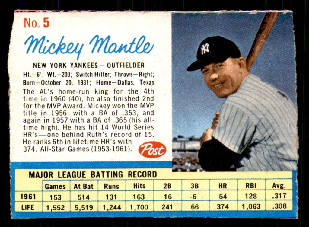 1962 Post Cereal #5 Mickey Mantle VG-EX  ID: 342503