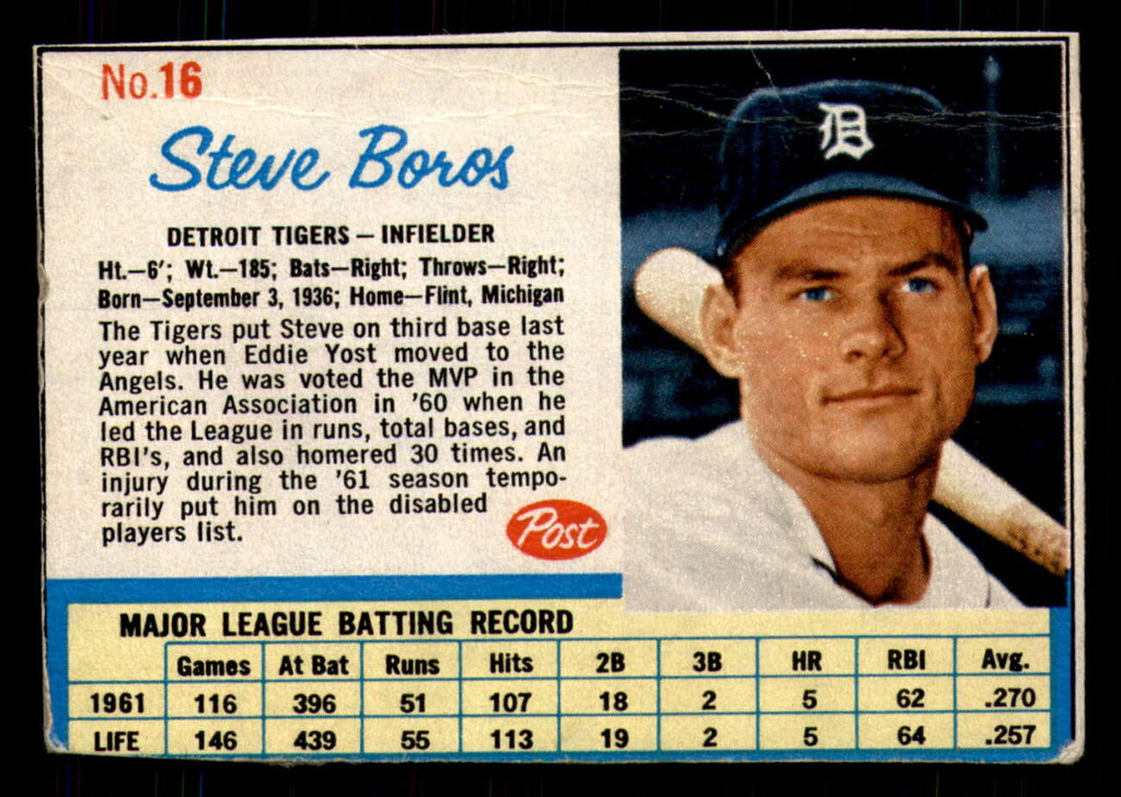 1962 Post Cereal #16 Steve Boros Very Good  ID: 342524