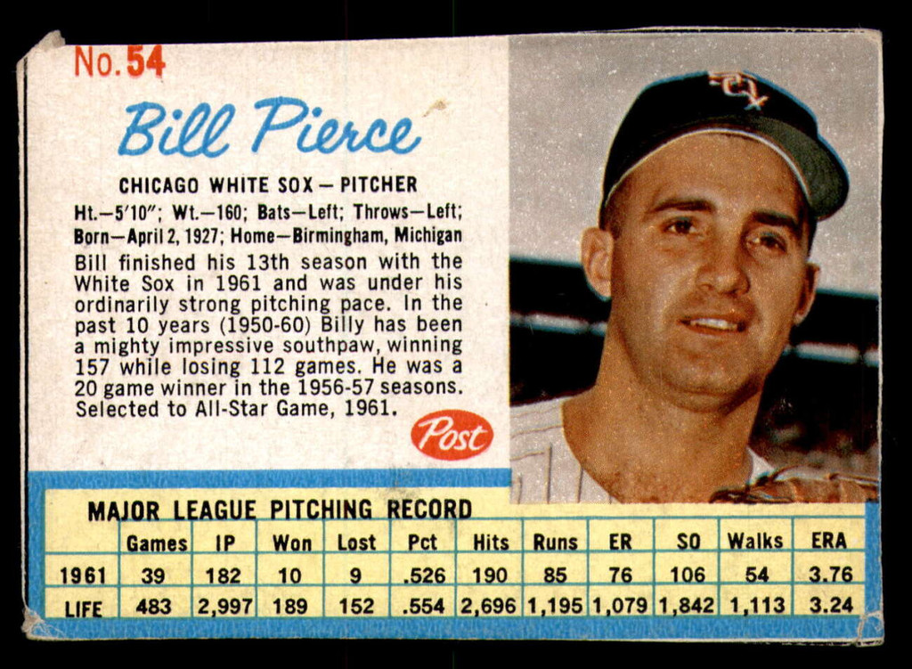 1962 Post Cereal #54 Billy Pierce G-VG  ID: 342605