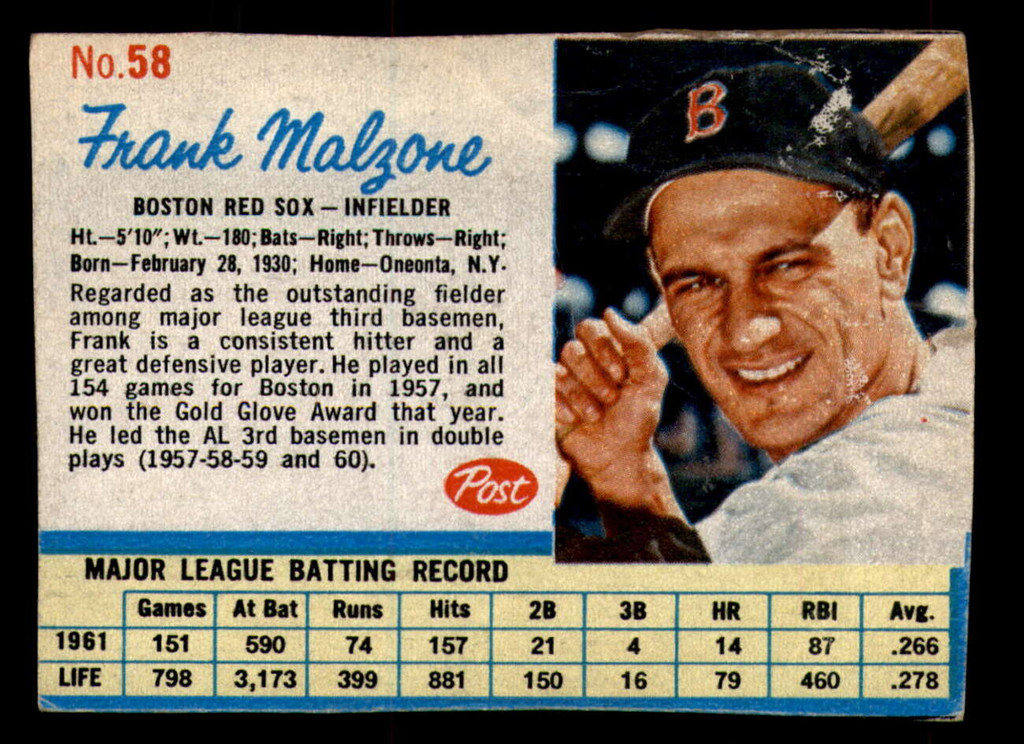 1962 Post Cereal #58 Frank Malzone Very Good  ID: 342612